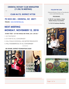 Next Meeting Monday, November 12, 2018