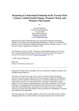 Preparing to Understand Feminism in the Twenty-First Century: Global Social Change, Women's Work, and Women's Movements