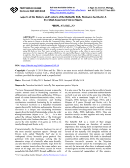 Aspects of the Biology and Culture of the Butterfly Fish, Pantodon Buchholzi; a Potential Aquarium Fish in Nigeria