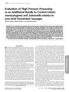 Evaluation of High Pressure Processing As an Additional Hurdle