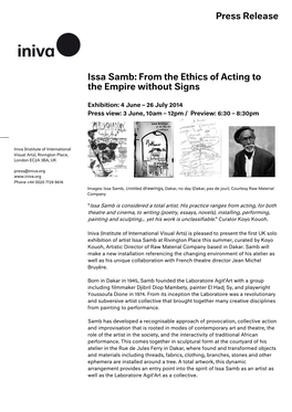 Press Release Issa Samb: from the Ethics of Acting to the Empire