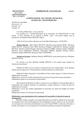 Commune De Cuq-Toulza Compte-Rendu Du Conseil Municipal Seance Du : Six Fevrier 2013