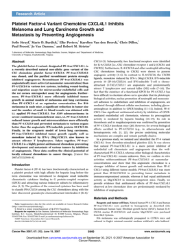 Platelet Factor-4 Variant Chemokine CXCL4L1 Inhibits Melanoma and Lung Carcinoma Growth and Metastasis by Preventing Angiogenesis Sofie Struyf,1 Marie D