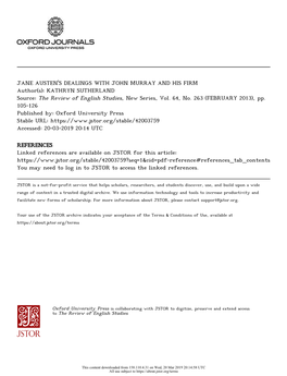 JANE AUSTEN's DEALINGS with JOHN MURRAY and HIS FIRM Author(S): KATHRYN SUTHERLAND Source: the Review of English Studies, New Series, Vol