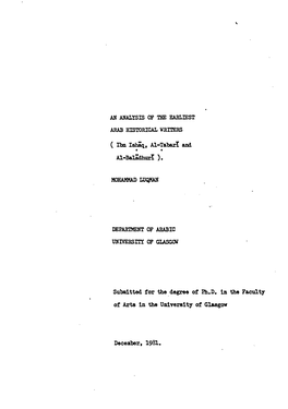 MOHAMMAD IAIQMAN Submitted for the Degree of Ph. D. in the Faculty of Arts in the University of Glasgow December, 1981