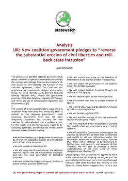 Analysis UK: New Coalition Government Pledges to “Reverse the Substantial Erosion of Civil Liberties and Roll- Back State Intrusion”