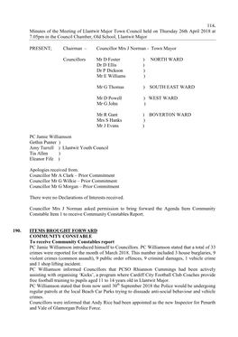 Minutes of the Meeting of Llantwit Major Town Council Held on Thursday 26Th April 2018 at 7.05Pm in the Council Chamber, Old School, Llantwit Major