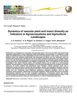 Dynamics of Vascular Plant and Insect Diversity As Indicators in Agroecosystems and Agricultural Landscapes
