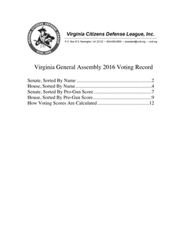 Virginia General Assembly 2016 Voting Record