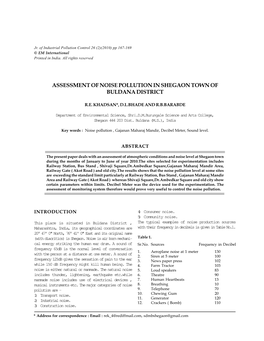 ASSESSMENT of NOISE POLLUTION in SHEGAON TOWN of BULDANA DISTRICT 167 Jr