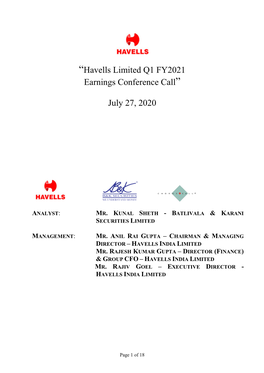 “Havells Limited Q1 FY2021 Earnings Conference Call” July 27, 2020