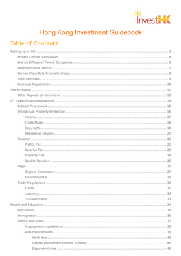 Hong Kong Investment Guidebook Table of Contents