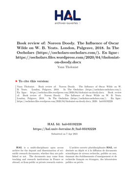 Book Review Of: Noreen Doody. the Influence of Oscar Wilde on W. B. Yeats