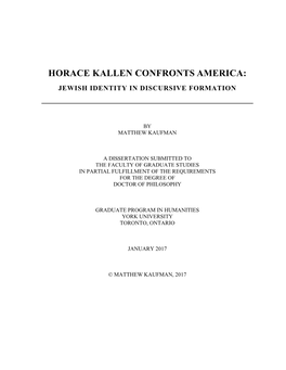 Horace Kallen Confronts America: Jewish Identity in Discursive Formation