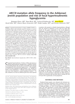 ABCC8 Mutation Allele Frequency in the Ashkenazi Jewish Population