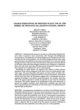 Characterization of Mestizo Plant Use in the Sierra De Manantlan, Jalisco-Colima, Mexico