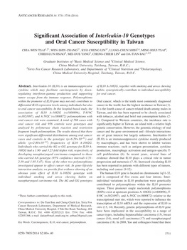 Significant Association of Interleukin-10 Genotypes and Oral Cancer Susceptibility in Taiwan