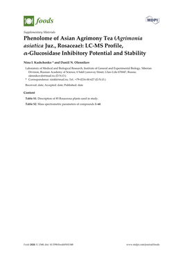 (Agrimonia Asiatica Juz., Rosaceae): LC-MS Profile, Α-Glucosidase Inhibitory Potential and Stability