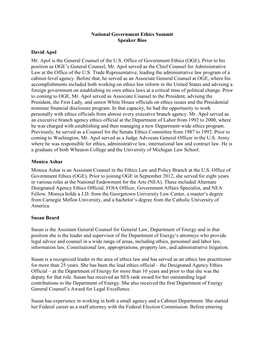 National Government Ethics Summit Speaker Bios David Apol Mr. Apol Is the General Counsel of the U.S. Office of Government Ethi