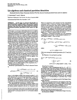 Lie Algebras and Classical Partition Identities (Macdonald Identities/Rogers-Ramanujan Identities/Weyl-Kac Character Formula/Generalized Cartan Matrix Lie Algebras) J