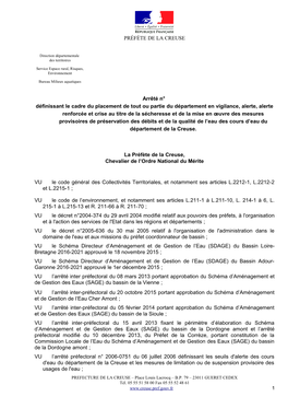 PRÉFÈTE DE LA CREUSE Arrêté N° Définissant Le Cadre Du Placement