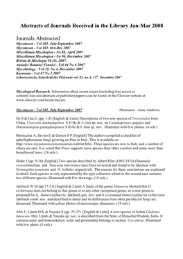 Abstracts of Journals Received in the Library Jan-Mar 2008 Journals Abstracted