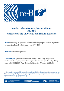 Obraz Rosji W Dyskursie Kulturowo-Ideologicznym : Studium Wyobraźni Zbiorowej Na Łamach Polskiej Prasy Z Lat 1991-2005