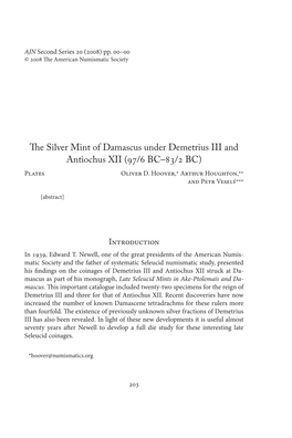 The Silver Mint of Damascus Under Demetrius III and Antiochus XII (97/6 BC–83/2 BC) Plates Oliver D