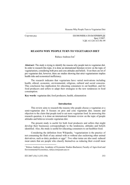 Reasons Why People Turn to Vegetarian Diet ______Стручни Рад ЕКОНОМИКА ПОЉОПРИВРЕДЕ Број 3/2007