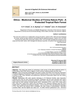 Ethno - Medicinal Studies of Finima Nature Park - a Protected Tropical Rain Forest