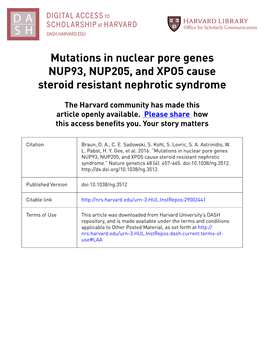 Mutations in Nuclear Pore Genes NUP93, NUP205, and XPO5 Cause Steroid Resistant Nephrotic Syndrome