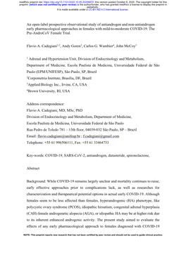 An Open-Label Prospective Observational Study of Antiandrogen and Non-Antiandrogen Early Pharmacological Approaches in Females with Mild-To-Moderate COVID-19