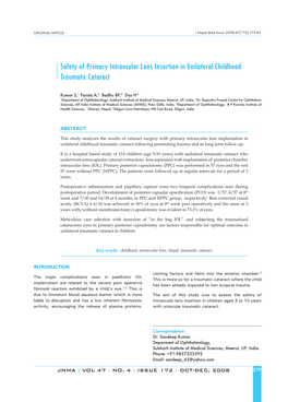 Safety of Primary Intraocular Lens Insertion in Unilateral Childhood Traumatic Cataract