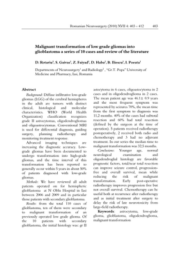 Malignant Transformation of Low Grade Gliomas Into Glioblastoma a Series of 10 Cases and Review of the Literature