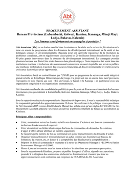 PROCUREMENT ASSISTANT Bureau Provinciaux (Lubumbashi, Kolwezi, Kamina, Kananga, Mbuji Mayi, Lodja, Bukavu, Kalemie) Les Femmes S