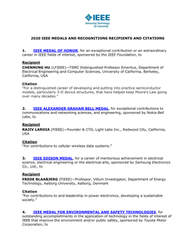 2020 Ieee Medals and Recognitions Recipients and Citations 1