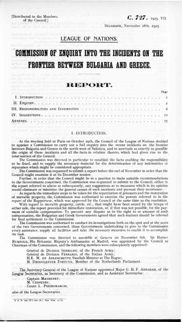 Commission of Enquiry Into the Incidents on the Frontier Retween Bulgaria and Greece