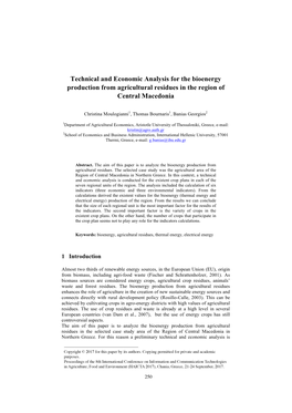 Technical and Economic Analysis for the Bioenergy Production from Agricultural Residues in the Region of Central Macedonia