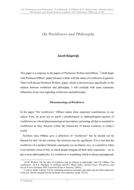 On Worldviews and Philosophy” P.A.Marshall, S.Griffioen & R.J.Mouw (Eds.) Stained Glass: Worldviews and Social Science (Lanham: up of America, 1989), Pp