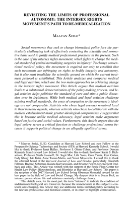 Revisiting the Limits of Professional Autonomy: the Intersex Rights Movement’S Path to De-Medicalization