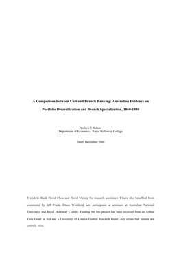 A Comparison Between Unit and Branch Banking: Australian Evidence On
