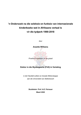 N Ondersoek Na Die Seleksie En Funksie Van Internasionale Kinderboeke Wat in Afrikaans Vertaal Is Vir Die Tydperk 1990-2018