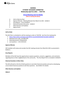 Citizens Advisory Committee Regular Meeting Agenda