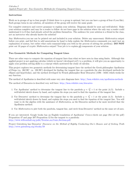 Calculus I Applied Project #1: Two Geometric Methods for Computing Tangent Lines