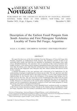 Description of the Earliest Fossil Penguin from South America and First Paleogene Vertebrate Locality of Tierra Del Fuego, Argentina