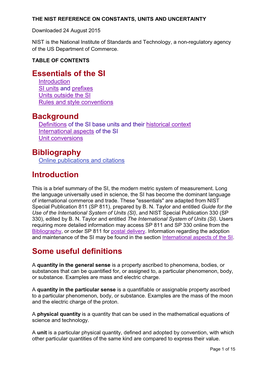 Essentials of the SI Background Bibliography Introduction Some