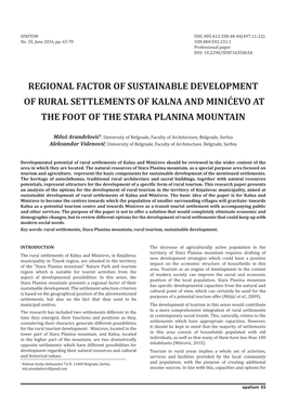 Regional Factor of Sustainable Development of Rural Settlements of Kalna and Minićevo at the Foot of the Stara Planina Mountain