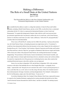 Making a Difference: the Role of a Small State at the United Nations Jim Mclay April 27, 2011