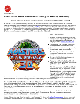 Mattel Launches Masters of the Universe® Game App for He-Man's® 30Th Birthday