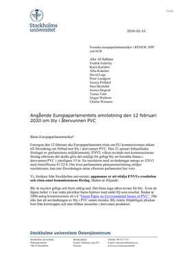 Angående Europaparlamentets Omröstning Den 12 Februari 2020 Om Bly I Återvunnen PVC